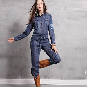 Tute da donna Pagliaccetti Fashion Safari Style Manica lunga Jeans da donna con ricamo Denim Tuta e tuta Pantaloni taglie forti S-XL 230711