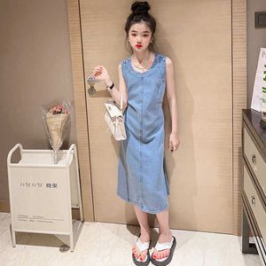 Kız Elbiseleri Kızlar Mavi Drawstring Sırtsız Denim Elbise İnce Yaz 2023 Yeni İçi Boş Tasarım Yelek Elbise 8 10 Yıllık Çocuk Clotheshkd230712