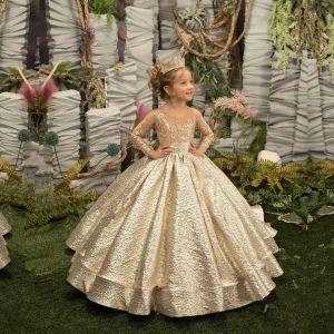 2023 Altın Çiçek Kız Elbise Prenses İllüzyon Kolu Yay Düğmeleri Tatlı Etek Doğum Günü Düğün Çocuk Nedime Özel Yapımı BC15260