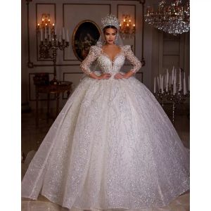 Elbise prenses gelinlikler v yaka boncuk illüzyon çiçek kollu ışıltılı kristal kabarık etek gelin önlük 2023 es