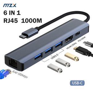 Power Cable Plug MZX 6 in 1 1000Mbps RJ45 Ethernet Docking Station 4K Compatible USB Hub 3 0 Type C 3 0 Concentrator Adapter Splitter Dock 230712