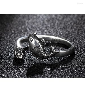 Кластерные кольца Fish Lotus с открытым кольцом S925 Серебряное серебряное ретро мода