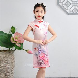 Yaz Çin çiçek baskısı ipek qipao çocuk bebek kızlar geleneksel prenses elbise Cheongsam kısa kollu retro vintage vestido236m