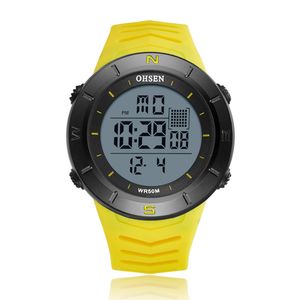 Ohsen Erkekler İzler Elektronik LED Dış Mekan Askeri Wateroof Hollwatch Sarı Silikon 5atm Dalış Stripwatch Saatler Dijital Saat