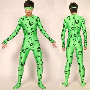 Yeşil Lycra Spandex Riddler Catsuit Kostüm Unisex Problem Mark Vücut Takım Kostümleri Cadılar Bayramı Partisi Cosplay Bodysuit P273247o