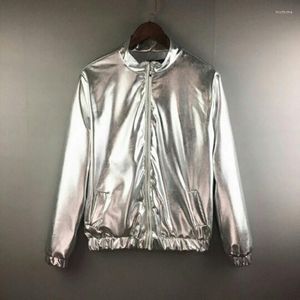 Erkek ceketler erkek parlak gümüş metalik ceket 70s disko dansı Noel partisi varsity zip-up beyzbol bombardıman uçları jaquetas