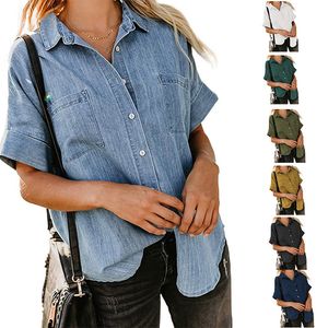 2023 Kadın Denim Gömlek Bahar Sonbahar Yeni Gevşek Çift Cep Kısa Kollu Çok Yönlü Günlük Ceket Gömlek Blouses