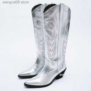 Сапоги ковбойские ботинки для женщин для женщин Металлический серебряный серебро на каблуках Zip Western Mid Mid Count Boots повседневная вышитая бренда роскошная обувь T230713