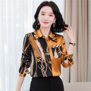 Lüks Tasarımcı Üstler Altın saten bluz Kadınlar Uzun Kollu Yaku Resmi Düğme Gömlekler 2023 Moda Baskı Zarif ve Gençlik Desen Gömlek ve Bluzlar Ofis İpek Üstü