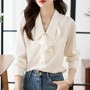 Kadın Bluzları 2023 Gömlek Bluz Kadınlar İçin Uzun Kollu Koreli Moda İpek Beyaz Gömlek Kadın Katı Külot Ladies Tops