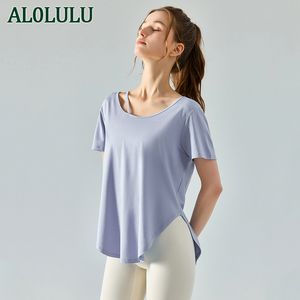 Al0lulu gevşek yoga kısa kollu blazer uzun nefes alabilen fitness t-shirt