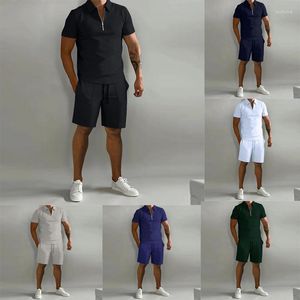 Erkek Trailsits Business Suit Avrupa ve Amerikan Polo Gömlek Şortları 2 Parça Setler Sıradan fermuar gevşek Kısa Kollu Düz Renk Sporları