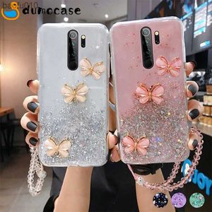 Bling Butterfly Glitter Lanyard Silicone Phone Case для Xiaomi Redmi 9c 9a Note11 10 9 8 Pro Poco M3 X3 M4 Pro Shiny Cover Coque L230619