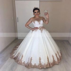 Prinzessin weißes Hochzeitskleid mit Roségold-Applikationen Vintage transparente lange Ärmel Brautkleid Ballkleid Robe Mariage Dresses209f