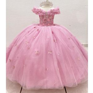 Rosa Brilhante Flor Meninas Vestido Ombro Fora Princesa Vestido de Baile Para Aniversário Renda Cristais Miçangas Laço vestidos para meninas