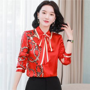 2023 Kadın Tasarımcı Çiçek Yay ile Çiçek Baskılı Gömlek Plus Boyutu Zarif Uzun Kollu Ofis Bayanlar Pist İpek Düğme Gömlekleri Tatlı Kız Şık Saten Bluzlar Kırmızı Üstler