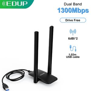 Network Adapters EDUP 1300Mbps USB WiFi Adapter 2.4G 5.8G Wireless Network Card with USB Cable 2*6dBi Antenna Drive Free Lan Ethernet USB Adapter 230713