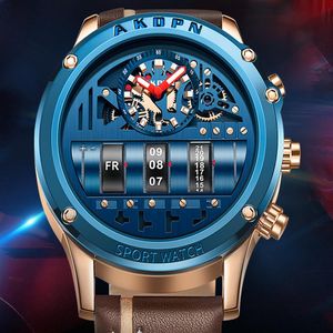 Akdpn Quartz Sport Watches Domic Big Dial Высококачественные кожаные функции Mens Watch Hollow Design Luminous Month Week Calendar269R