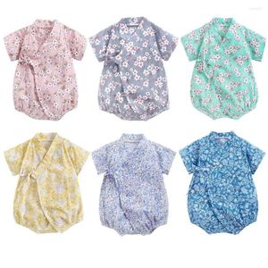 Yatak Setleri 0-18m Yaz Bebek Kız Erkek Giyim Giyim Tulumları Tulum Kısa Kollu Çiçek Baskı Sevimli Yumuşak Doğumlu Bebek Kimono Oyun Giysileri