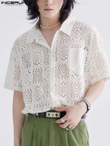 Erkekler moda gündelik stil üstleri Incerun Hollow Dantel bölme çiçek baskılı bluz erkek örgü kısa kollu gömlekler s 5xl 2023 230715