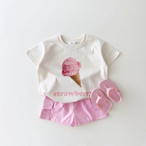 Kleider 2023 Koreanische Kinderkleidung Set Baby Jungen T-Shirts aus Bio-Baumwolle Eiscreme und Pinkycolor Leinenshorts für Baby Mädchen Haremshosen