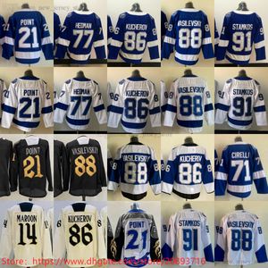 Man buz hokeyi 91 Steven Stamkos Jersey 21 Brayden Point Victor Hedman Nikita Kucherov Patrick Maroon Anthony Cirelli Andrei Vasilevskiy Forma Boş Dikiş Takımı