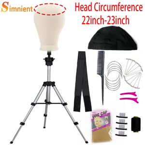 Wig Stand 22/23 inch training Mannequin head sail cloth head for wig making wig brush with T-needle wig mounting kit adjustable tripod wig holder 230715