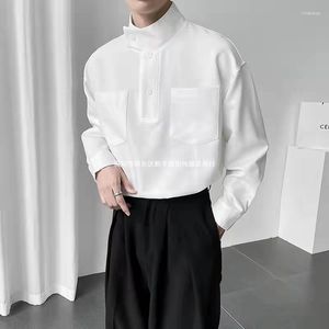 Erkekler Elbise Gömlek 2023 Yarım-yüksek yakalı düz renkli uzun kollu gömlek Erkekler Tasarım Niş Lüks Kore Giysileri Sıradan Gevşek Külot