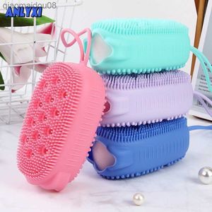Doppelseitige Silikon-Schaumbad-Körperbürste mit Seifenaufbewahrungsschwamm, Massage-Kopfhautwäscher, Hautreinigungs-Dusch-Peeling-Handschuh