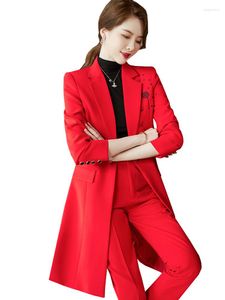 Женские штаны с двумя частями Женщины Осень зимняя работа бизнес -брюк костюм Красный черный пиджак набор женская офисная длинная куртка и брюки 2