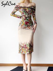 Sıradan Elbiseler Sylcue Yaz Akşam Partisi Çiçek Tasarımı Algılayıcı Zarif Olgun Cazibe Kendine Bağlı Seksi Kadın Omuz Uzun Kollu Elbise