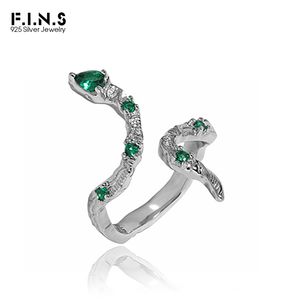 F.I.N.S Original Slytherin Snake Green Zircon S925 Sterling Silver Open Ring Gothic Style Luxury Uneven Resizable Finger Rings