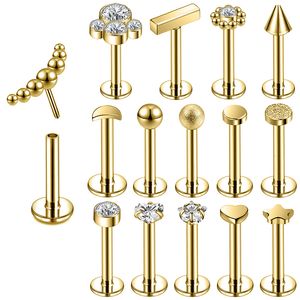 Gold Plated 16G CZ Crystal Flower Heart Navel Ring & Labret Lip Studs Set, Helix Tragus Earrings