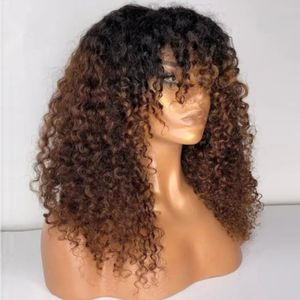 Ombre brown blonde highlight kinky curly wigs machine made full natural 16inch with bang hot cheap wear and go glueless wigs 150%density