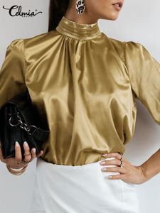 Женская футболка Celmia Women Satin Blouse Fashion Elegant Tunic Slik Tops осень сплошной высокой рубашки с длинным рукавом Blusas Femininas 230715
