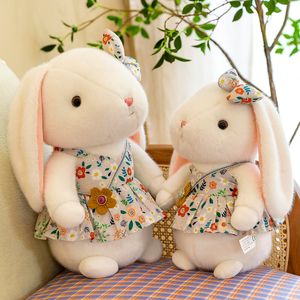 Coelhinho branco fofo Brinquedo de pelúcia saia floral boneca de coelho máquina de agarrar presente de aniversário de menina