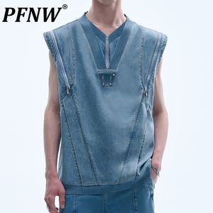 Erkek tank üstleri pfnw bahar yaz yüksek cadde denim çift katman v boyun üst renkli yakışıklı gevşek kişilik 28A2817 230718