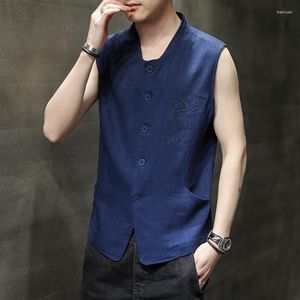 Etnik Giyim Mavi Çin Shanghai Erkek Yelek Kolsuz Bluz Büyük Boyut Pamuk Keten Doğu Sarı Delek Etno Tarzı