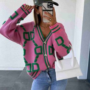 Kadın Sweaters Kadınlar hırka yeşil şerit pembe örgü düğmesi Kadınlar hırka v yaka gevşek gündelik kış örgü ceketi l230718