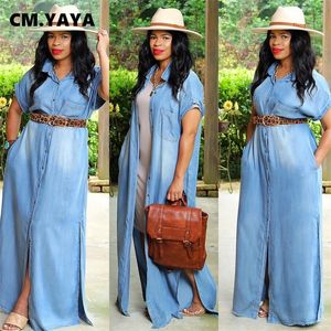 Основные повседневные платья CM Yaya Vintage Women Denim Одиночная грудь с коротким рукавом выключить воротник Maxi Long Pront Pring