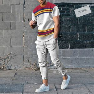 Tute da uomo Tuta 2 pezzi abbigliamento da jogging a righe stampate in 3D a maniche corte set magliette casual autunnali Pantaloni street 230718