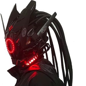 Parti Maskeleri Cyberpunk Maske Kırmızı Aydınlatma Saç Müzik Festivali ile LED Fantastik Cosplay Sci-Fi Asker Kask Cadılar Bayramı Yetişkinler için Parti Hediyesi 230718