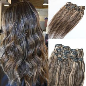 7pieces 120g Piano Color Human Hair Extensions Clip in Ombre Two Tone 2# Brown to 27# Blonde Highlights Whole230N