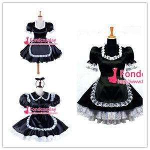 Sissy Maid Black Satin Uniform Blockable Cosplay Costum