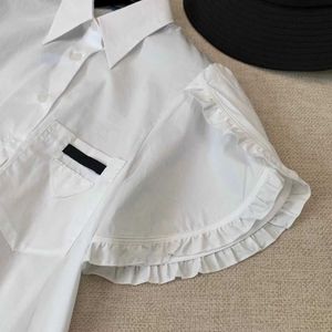 Summer ladies lapel lace small flying sleeve short-sleeved shirt, nylon fabric soft and comfortable, college style school daily casual fashion.