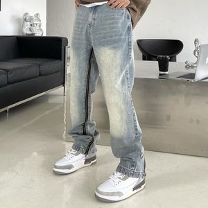 Jeans masculino vintage envelhecido calças finas para homens hip hop zíperes laterais ajustáveis aberto virilha jeans motociclista streetwear