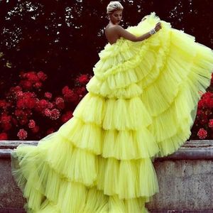 Incrível vestido de baile de tule em camadas amarelo brilhante vestido de noite chique em camadas vestidos de baile longos feitos sob encomenda246s