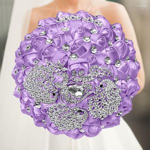 Flores decorativas 1 pç/lote buquê de noiva roxo com joias