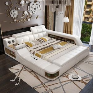 Modern soft bed tatami bedroom King queen double size multi-functional soft Music massage bed real leather art bed300L