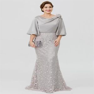 2022 Yeni Gümüş Zarif Uzun Gelin Elbiseler Yarım Kollu Dantel Denizkızı Düğün Konuk Elbisesi Plus Boyutu Resmi Akşam WEA256N